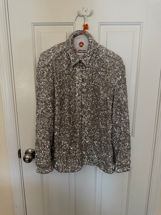 Express Tops - Express Silver Sequin Button-Down Shirt